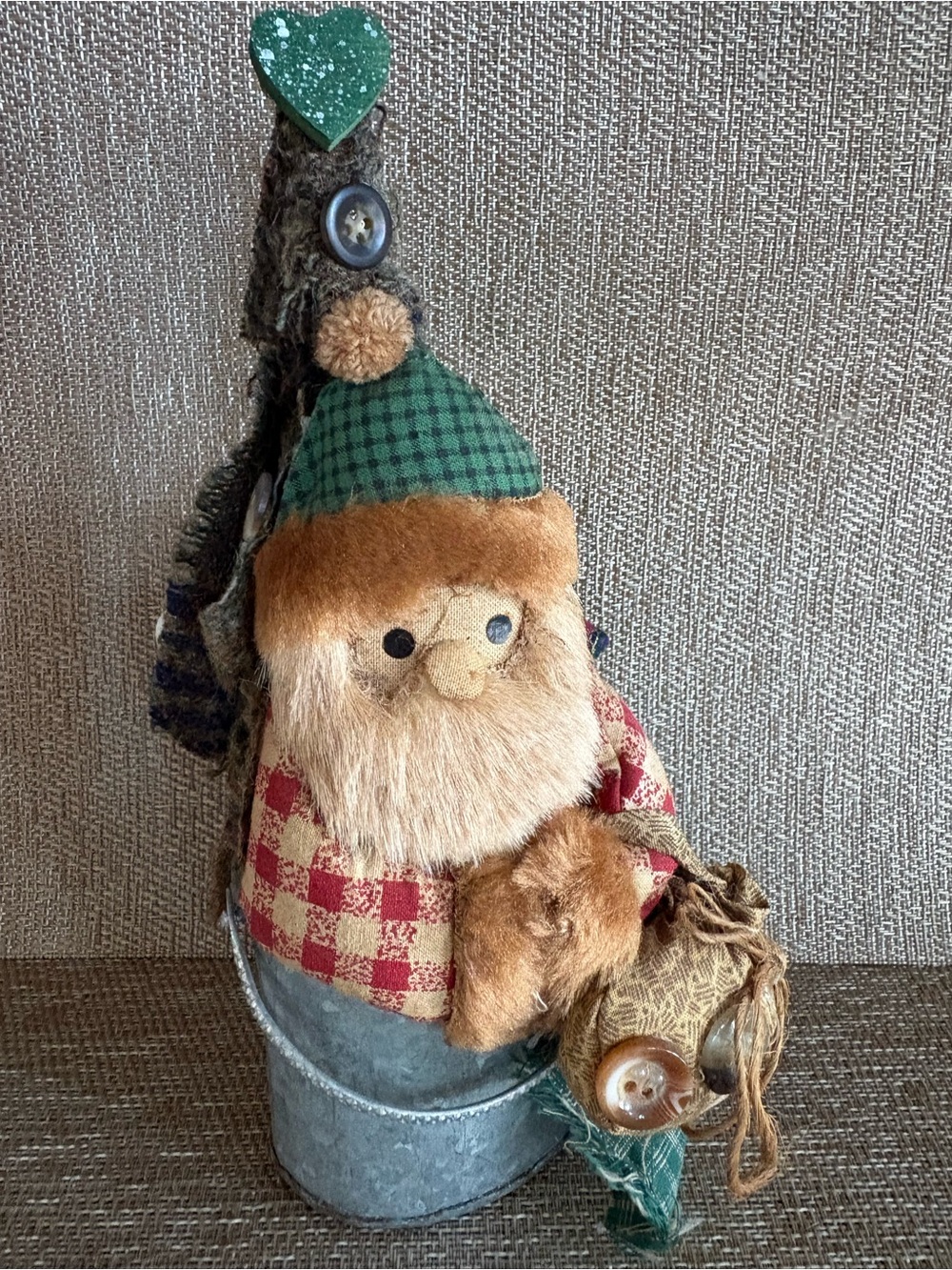 Primitive Folk Art Handmade Santa Gnome Metal Tin Bucket Country Christmas Artsy